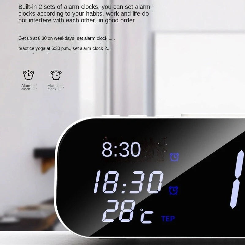 15W Three-in-One Wireless Charger with Alarm Clock and Temperature Tester in black and white