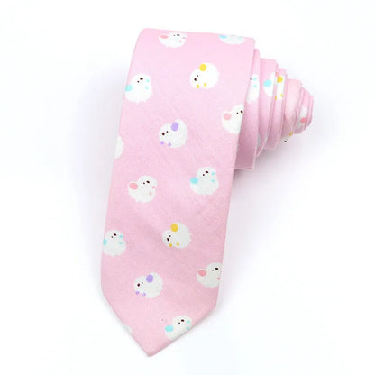 A narrow Korean-style cotton bow tie featuring a cartoon print, shown in a selection of colours.