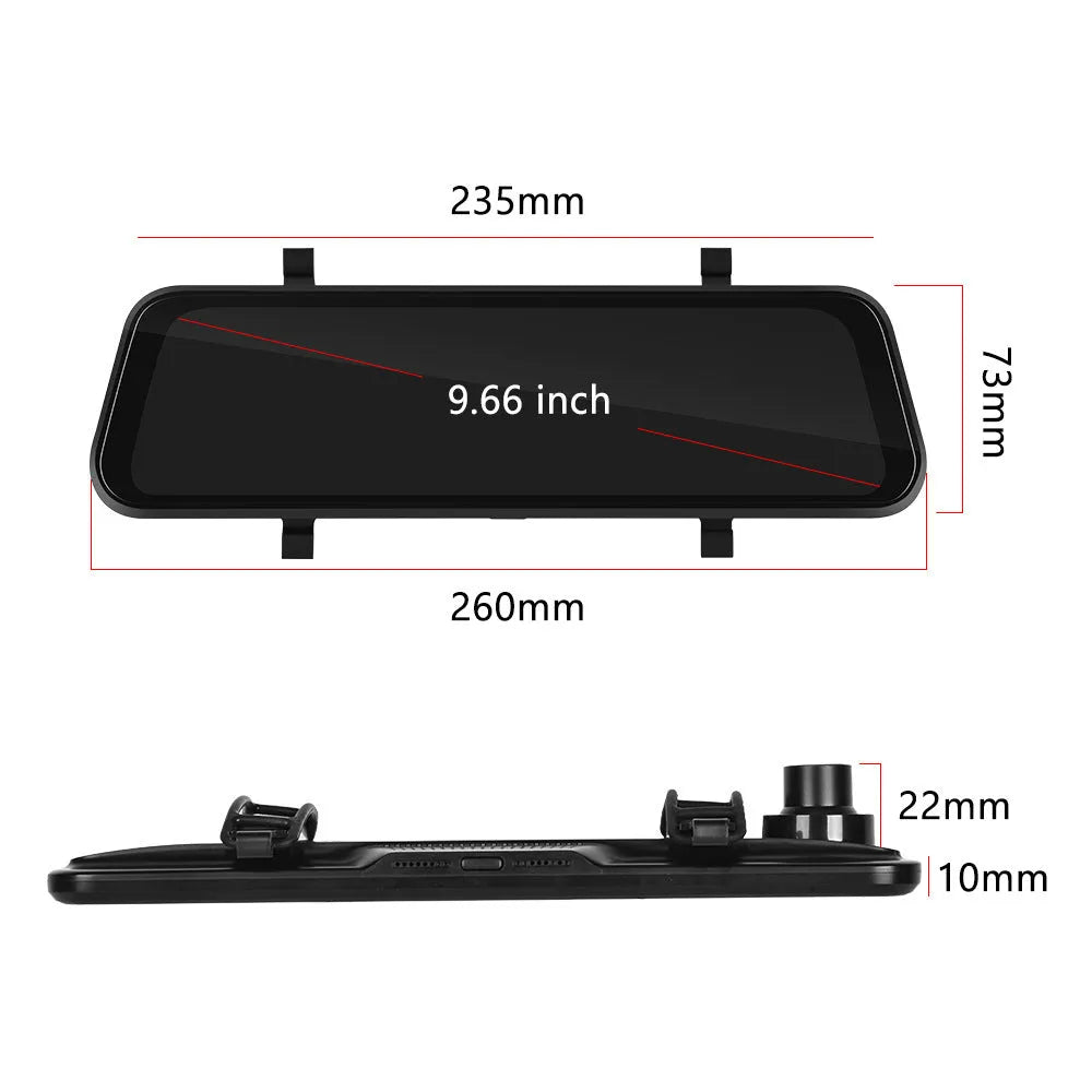 9.66-inch car dash cam mirror with touch screen displaying CarPlay interface and recording function