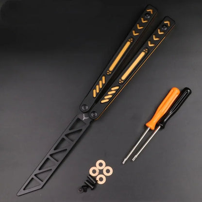 Butterfly knife practice trainer with aluminium handle and G10 grip patches in multiple colour options