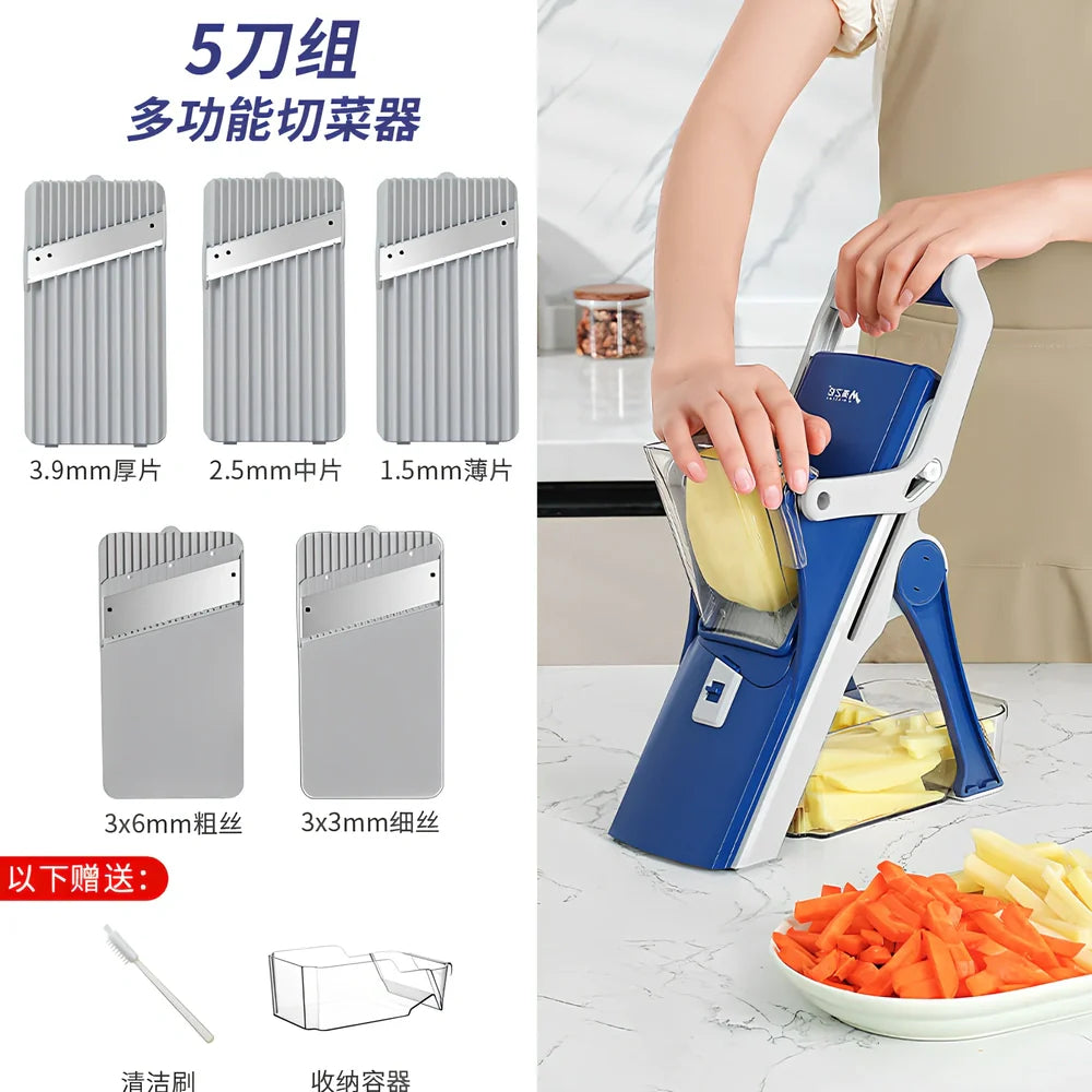 Purple kitchen vegetable chopper with stainless steel blades and wire planer attachment on 41cm workspace