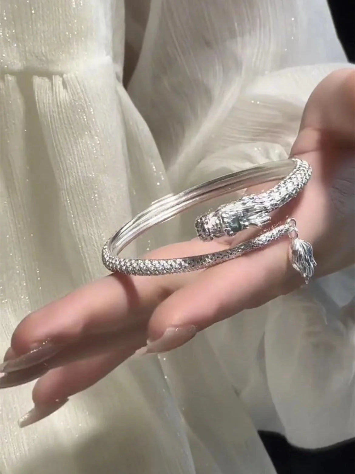 Adjustable dragon tail bangle with detailed relief, Chinese style punk jewelry