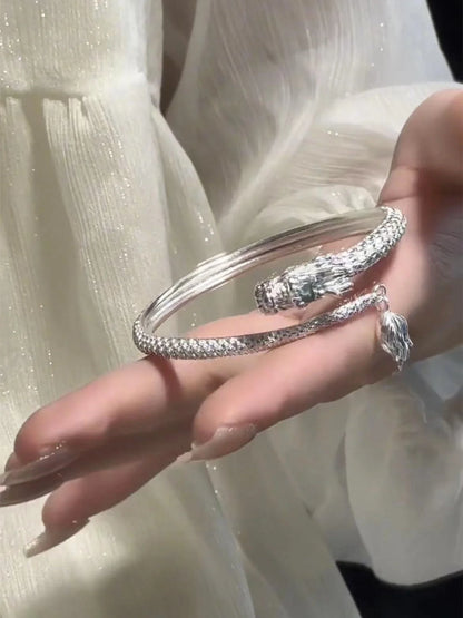 Adjustable dragon tail bangle with detailed relief, Chinese style punk jewelry