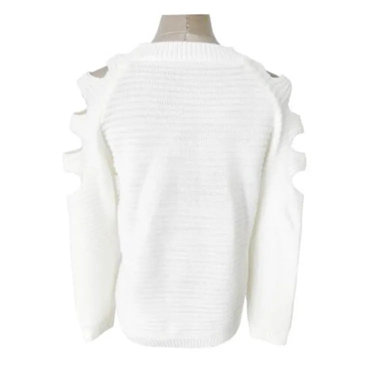 Women's solid colour knitted shirt with hollow-out crochet detailing, long sleeves, and round neck in white or grey