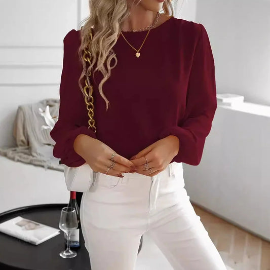 Wine red polyester long sleeve pullover top with button detailing on front, regular fit for commuting wear