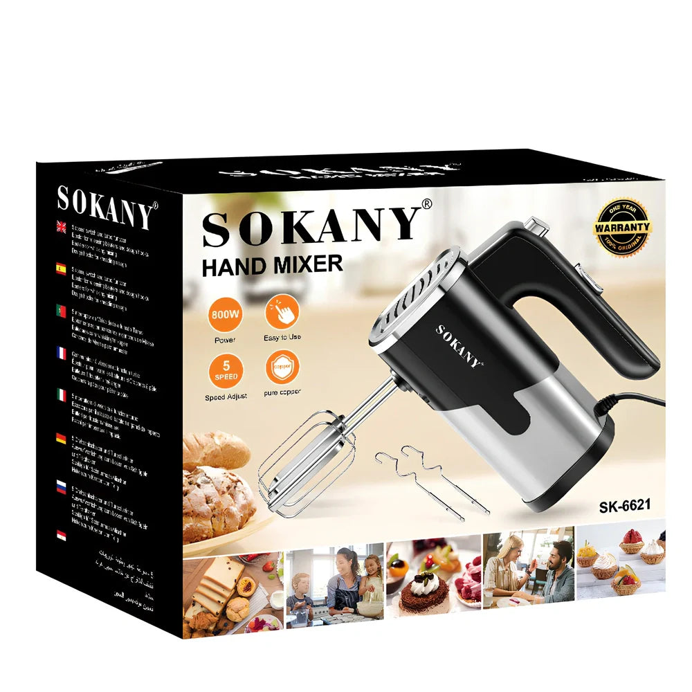 Black handheld electric whisk with stainless steel beaters, 26cm length, five-speed control buttons