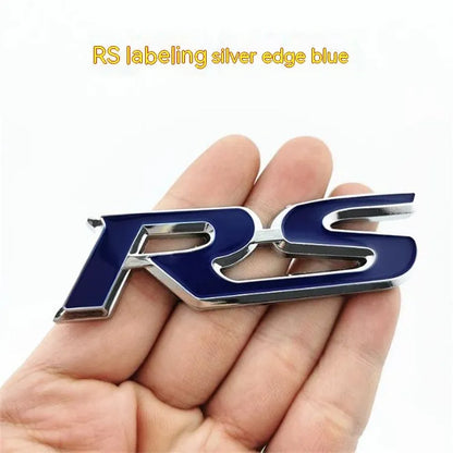 Zinc alloy metal car sticker with RS design measuring 9 by 2.4 centimetres