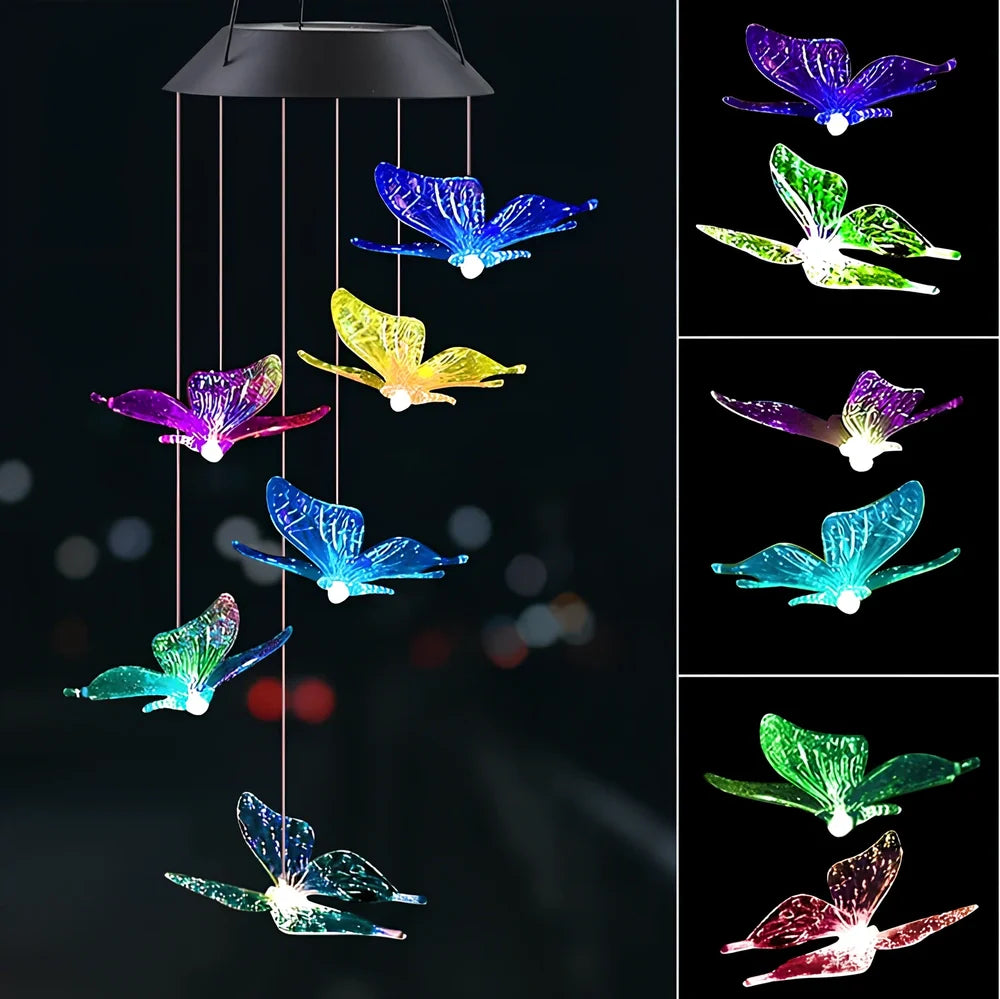 Solar-powered wind chime garden lamp with hummingbird design, automatic day-night operation, waterproof construction