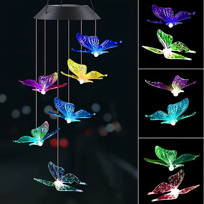 Solar-powered wind chime garden lamp with hummingbird design, automatic day-night operation, waterproof construction