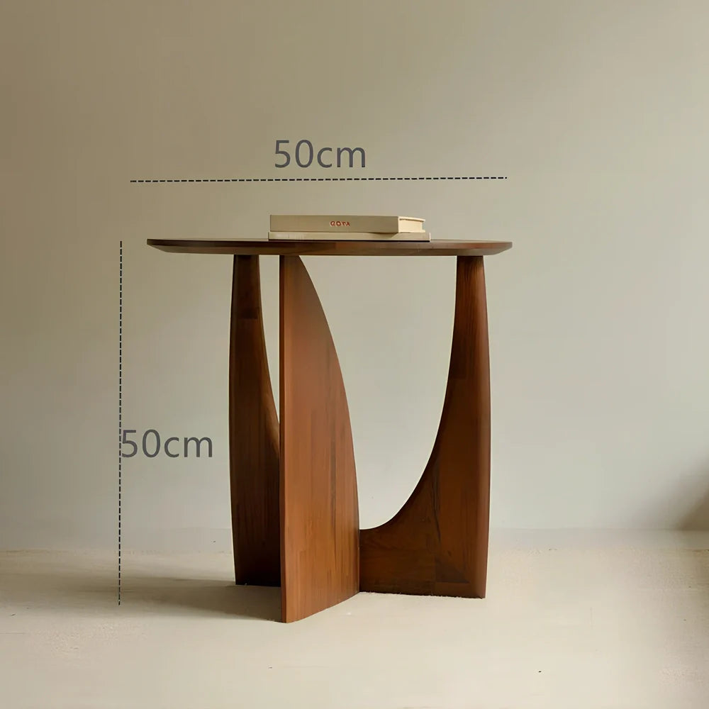 Round solid wood side table with geometric base in walnut, log, or ash black finish
