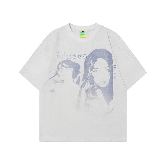 Men's grey character print cotton t-shirt with short sleeves and loose fit