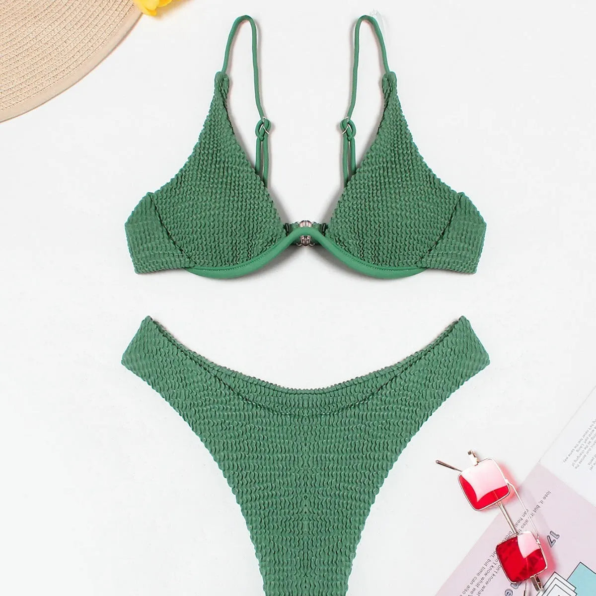 Women's green solid colour ruffle split bikini suit, two-piece polyester swimwear with top and briefs, sizes S M L