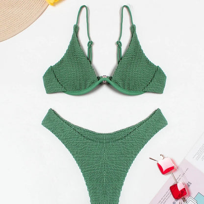 Women's green solid colour ruffle split bikini suit, two-piece polyester swimwear with top and briefs, sizes S M L
