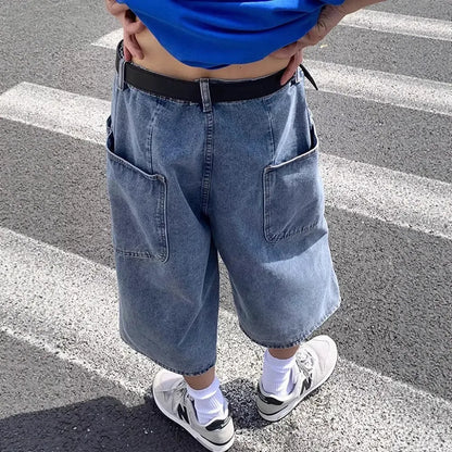 Men's blue washed denim shorts with high waist, cropped length, straight leg, and zipper fly