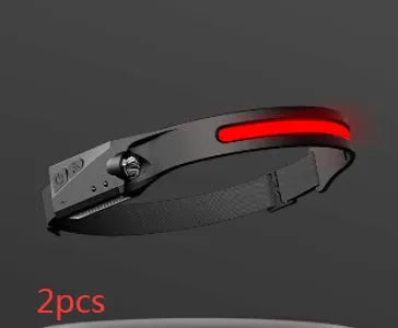 Black silicone USB rechargeable headlamp with a wide COB LED lens and a side wave sensor.