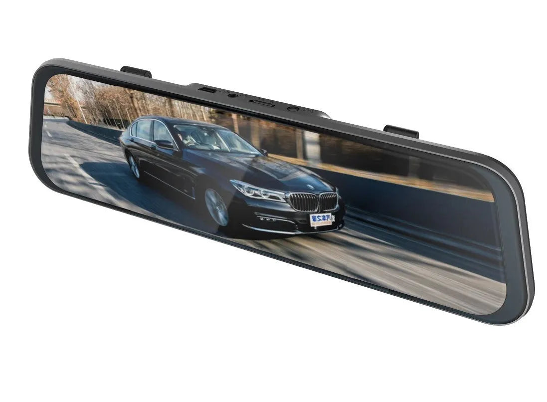 Black 10-inch touchscreen car driving recorder integrated into a rearview mirror design