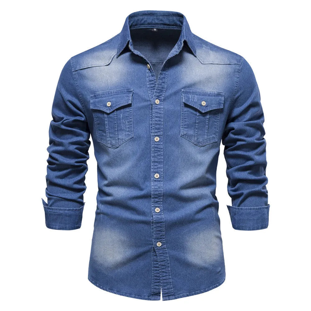 Men's solid colour slim fit cotton denim shirt with long sleeves and button front.