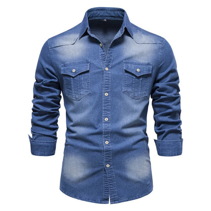Men's solid colour slim fit cotton denim shirt with long sleeves and button front.