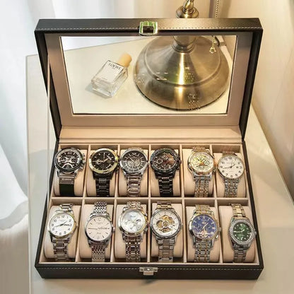 Grey high-grade leather watch storage box with transparent lid showing multiple watch compartments.