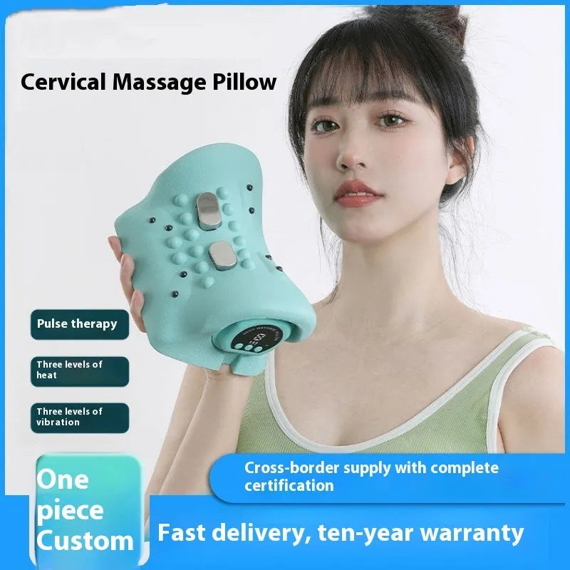 Blue-green portable cervical massage pillow with EMS pulse, hot compress and vibration functions