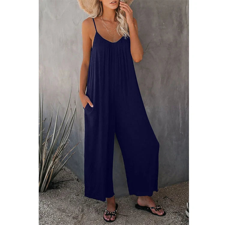 Women's sleeveless cotton blend jumpsuit with pockets in various colors