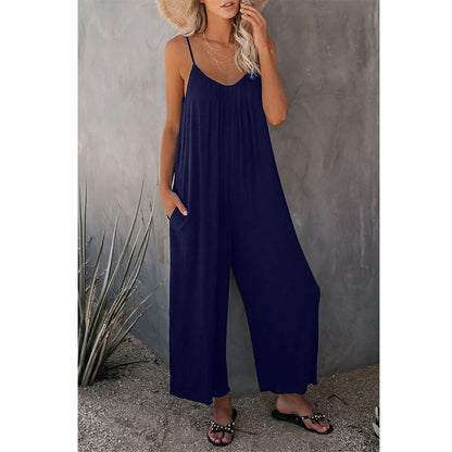 Women's sleeveless cotton blend jumpsuit with pockets in various colors