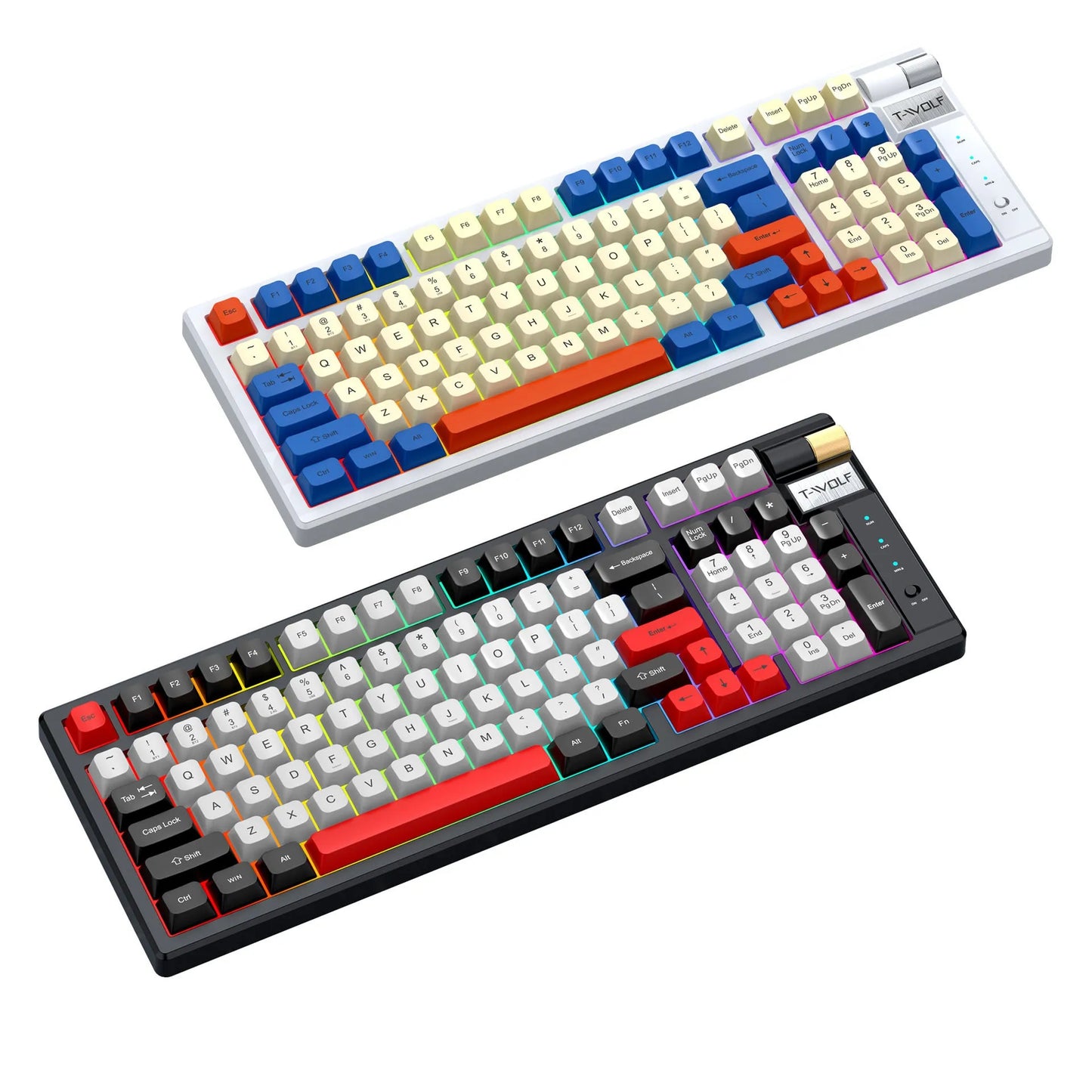 Bluetooth mechanical gaming keyboard with charging cable in blue and orange colour scheme