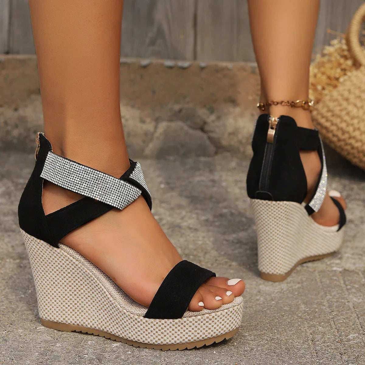 Rhinestone embellished wedge sandals in black and beige colors, featuring a fish-mouth design and platform sole