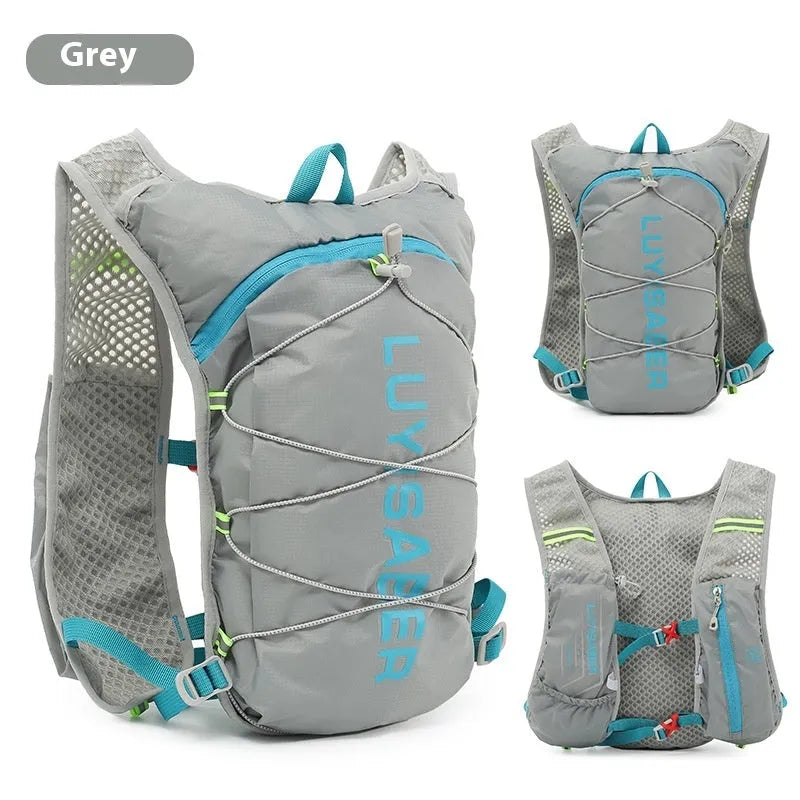 Nylon running backpack with reflective strips shown in multiple colour options.
