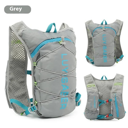 Nylon running backpack with reflective strips shown in multiple colour options.