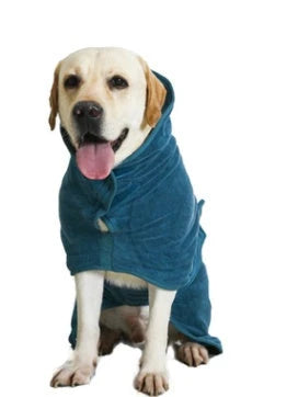 Absorbent dog bathrobe made of soft microfiber material with adjustable waist strap for a custom fit