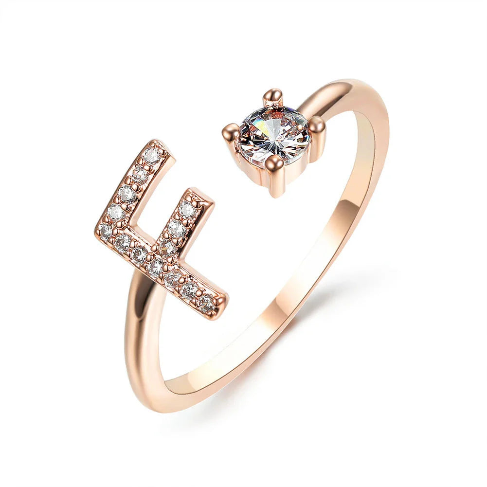 Personalized Initial Letter Adjustable Ring made of copper alloy and zircon, showcasing a vintage-inspired design