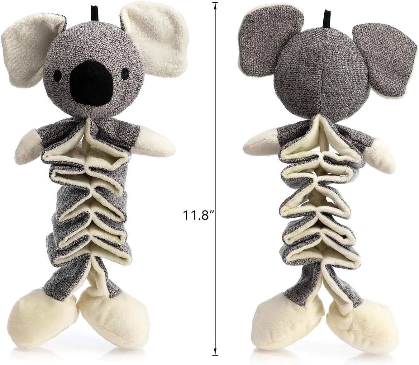 Gray koala dog toy with crinkle paper, 30cm long, for small medium large dogs to chew and play