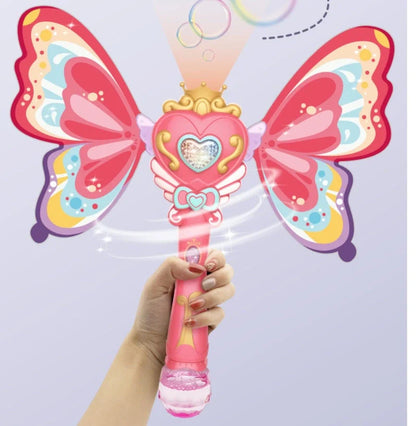 Pink electric magic wand bubble blower for kids with LED lights and music