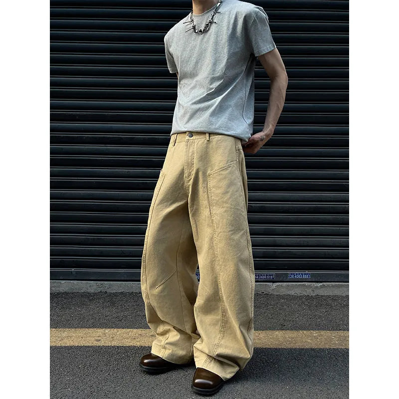 Men's khaki straight leg cotton trousers showing American retro casual styling