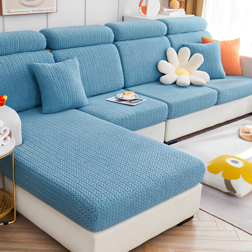 Elastic sofa cover with plant flower pattern on combination sofa in lake blue colour