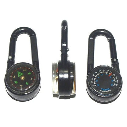 Black outdoor carabiner with a built-in circular compass and thermometer display on its side.
