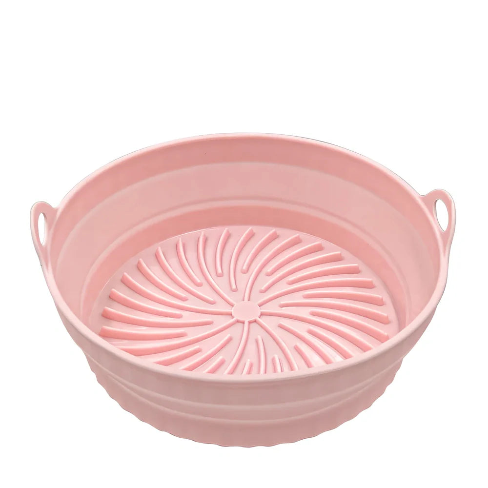 Square and round silicone air fryer liners with non-slip base in five colours including grey and pink