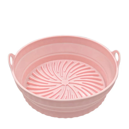 Square and round silicone air fryer liners with non-slip base in five colours including grey and pink