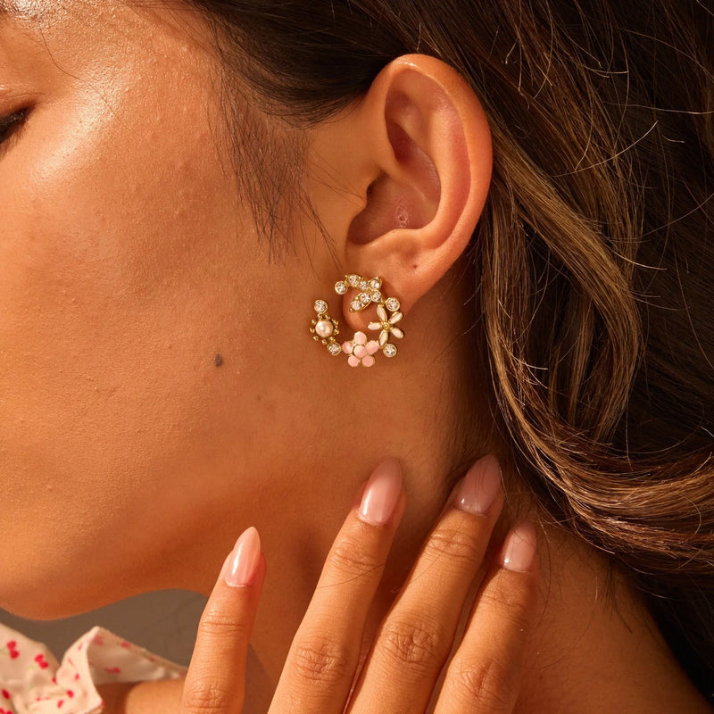 Flower stud earrings fashion OL stainless steel 18K gold electroplated petal design jewellery for women, colourful diamond oil necklace pendant style accessories with packing list included
