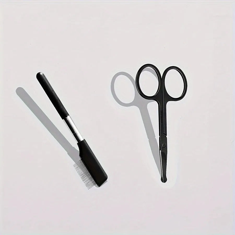 Black pet grooming brush with silicone bristles and plastic comb for dog and cat eye care.
