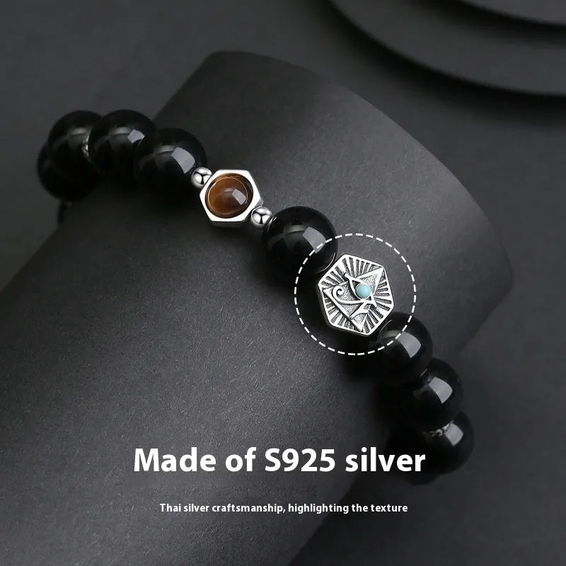 S925 sterling silver men's bracelet with obsidian God's Eye geometric pattern in retro style