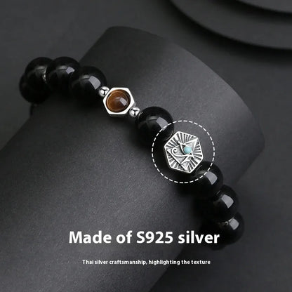 S925 sterling silver men's bracelet with obsidian God's Eye geometric pattern in retro style