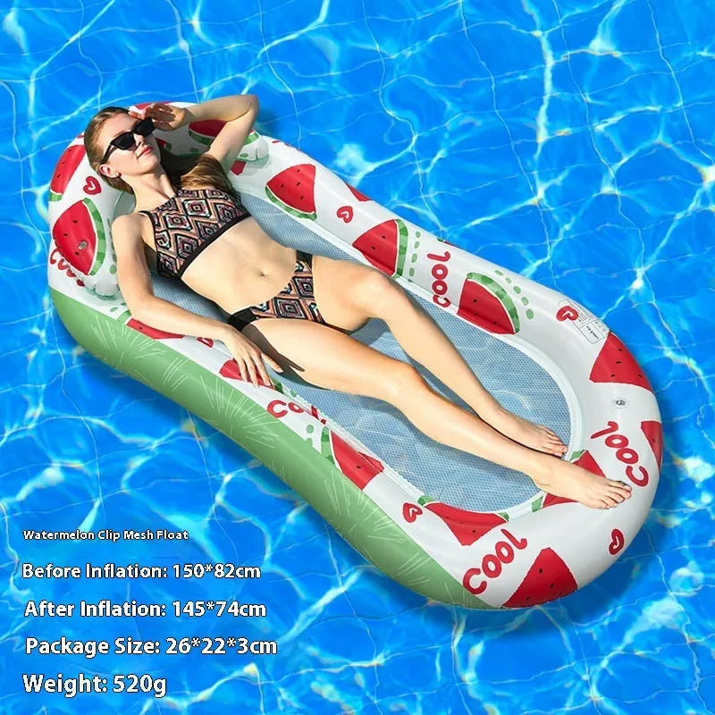 PVC inflatable pool floating row with sequins and mesh deck on blue water