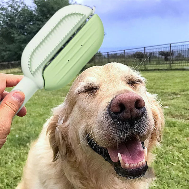 3-in-1 pet grooming brush with water tank for hair removal and massage in green, blue, or orange