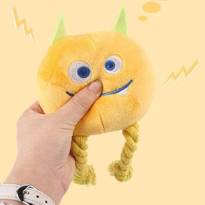 Blue or yellow dog squeaky toy with strong knot rope design for chewing and play