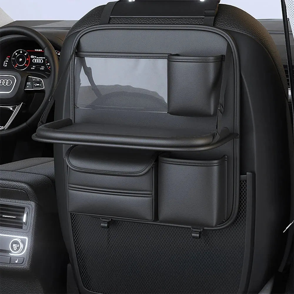 Leather car seat lazyback storage bag with foldable dining table, waterproof, 1.2kg, 48 x 25 x 6cm, in four colours.