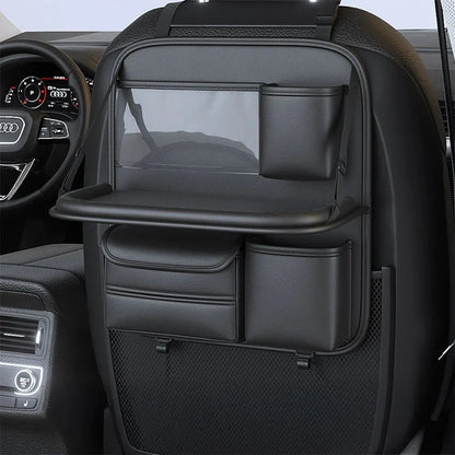 Leather car seat lazyback storage bag with foldable dining table, waterproof, 1.2kg, 48 x 25 x 6cm, in four colours.