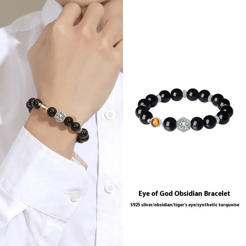 S925 sterling silver men's bracelet with obsidian God's Eye geometric pattern in retro style