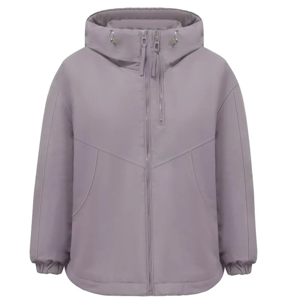 Women's grey hooded shell jacket with loose fit and long sleeves on hanger